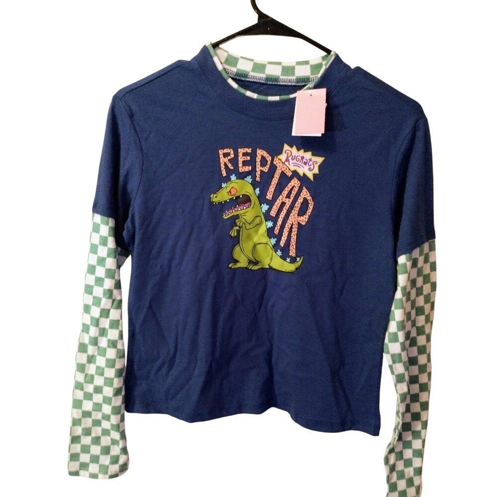 Nickelodeon Rugrats Reptar Graphic Layered Long Sleeve Shirt Navy Checkered XS